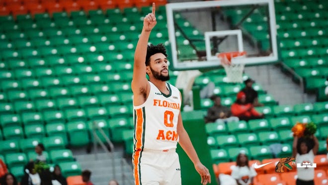 Florida A&M University men's basketball guard Dimingus Stevens (0) celebrates during a game against Mississippi Valley State University at Lawson Center, Tallahassee, Fla., Monday, Jan. 16, 2023