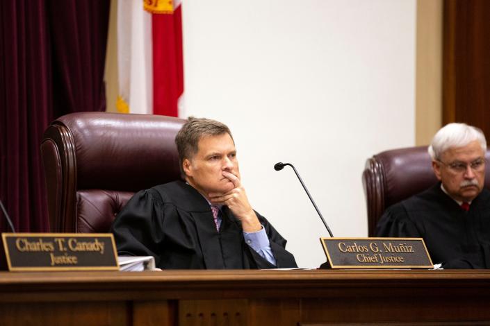 Florida Supreme Court Chief Justice Carlos Muniz listens to arguments on Wednesday, Dec.  7, 2022 in a case concerning Marsy's Law.