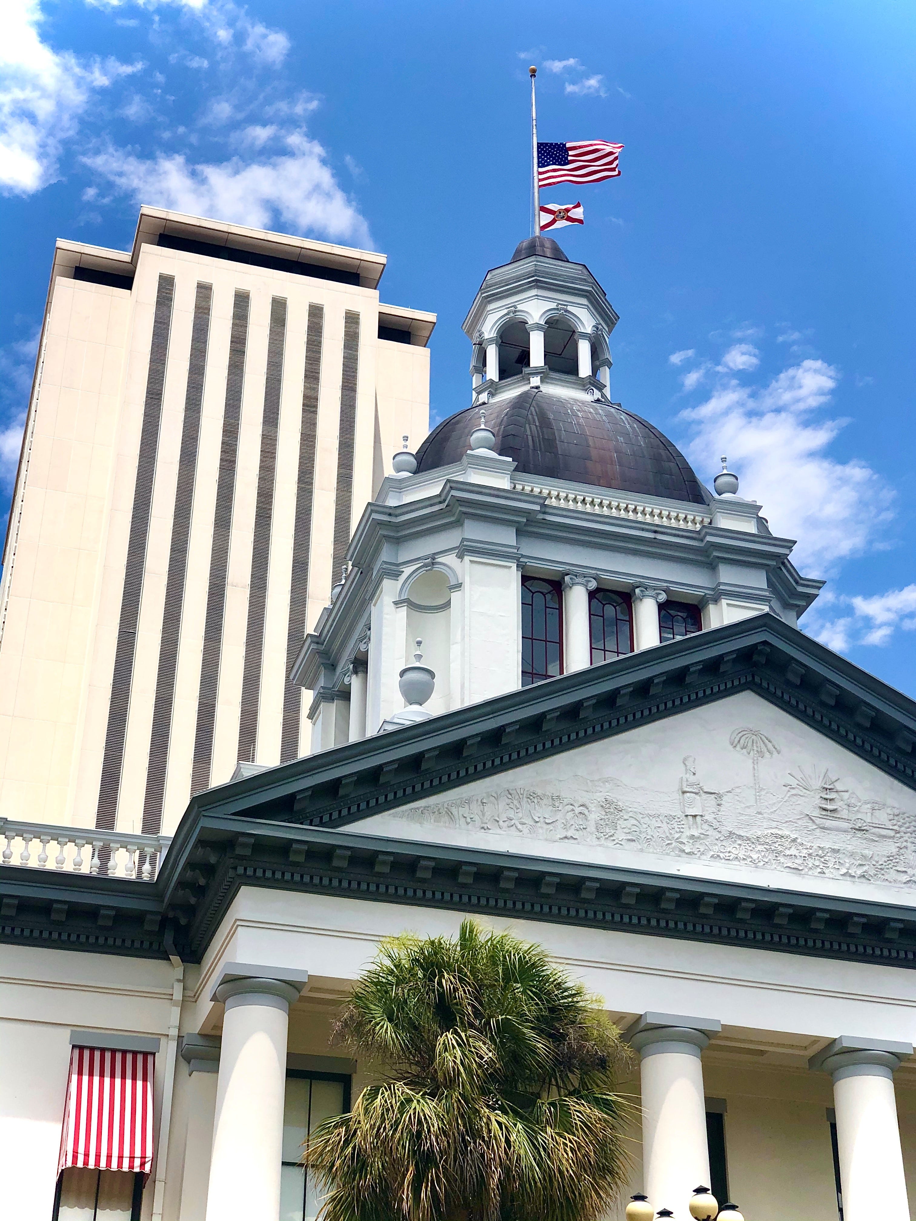 Flags at half staff above the old Capitol, Tallahassee, Fla.