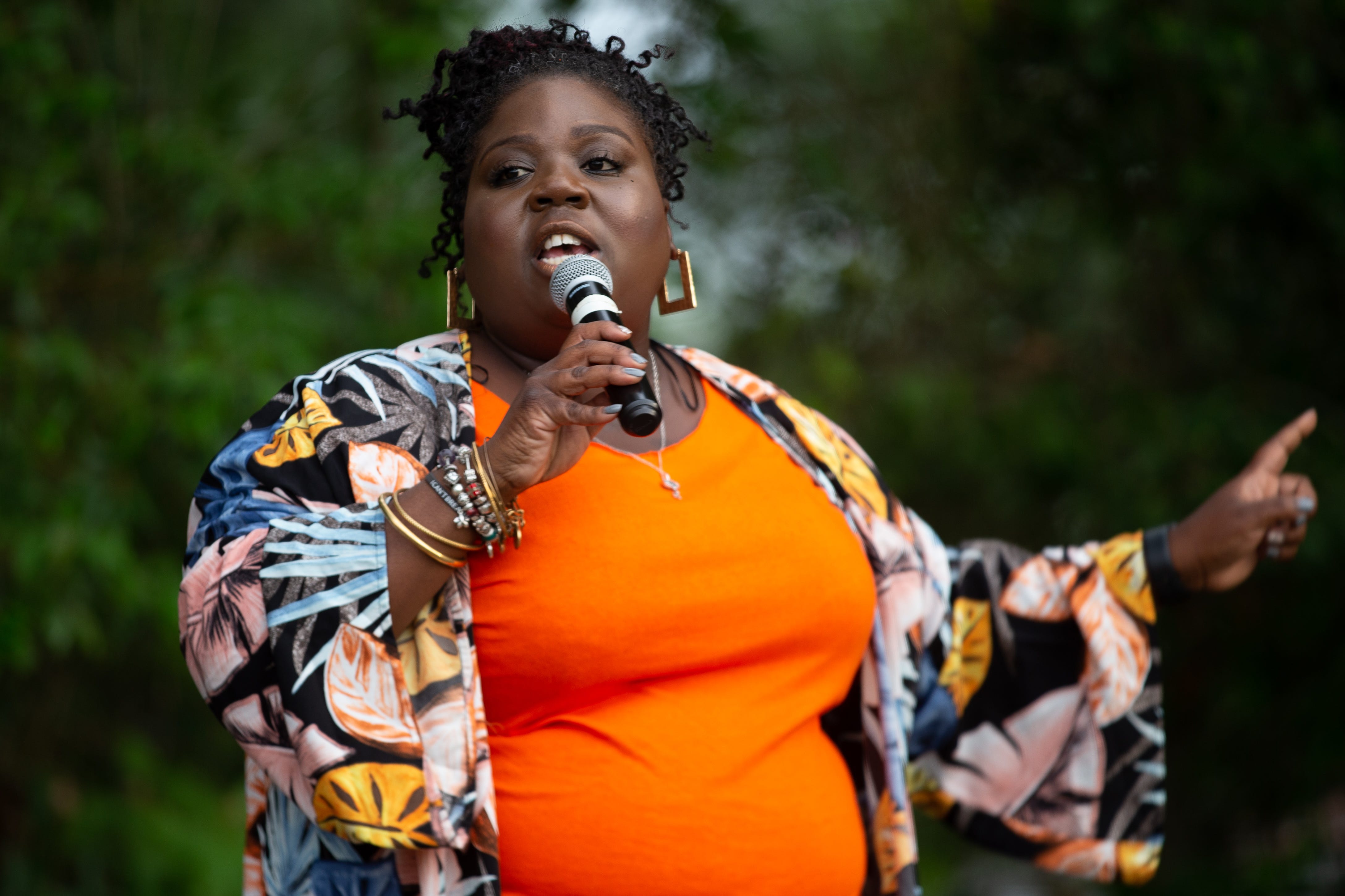Bond Neighborhood Association President Talethia Edwards speaks during a community meeting she organized at the Walker Ford Community Center on Friday, June 5, 2020.