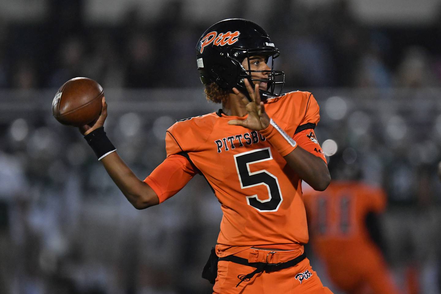 Pittsburg quarterback Jaden Rashada throws against De La Salle in the North Coast Section Open Division championship game at De La Salle High School on Nov. 19, 2021, in Concord, California.