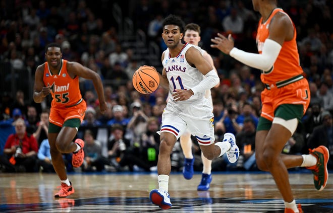 Kansas Jayhawks guard Remy Martin (11) dribbles against the Miami Hurricanes.